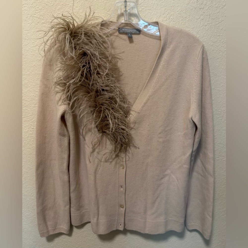 Neiman Marcus Tan Cardigan with Feather Accent